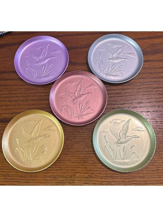 Unbranded Other - Vintage aluminum Home Dining Coasters One Size Multicolor Duck Embossed set of 5